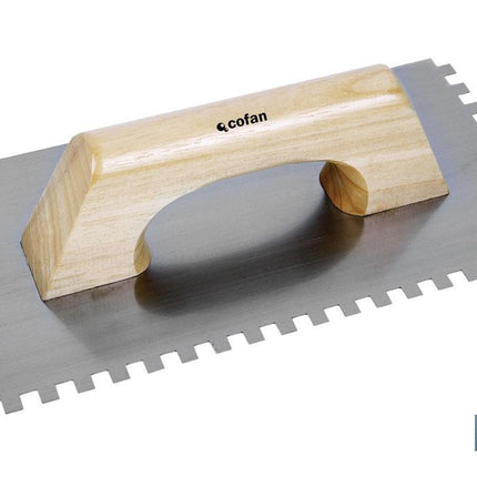 Paleta modelo llana dentada | Longitud: 275 x 115 mm | Dentado: 8 x 8 mm | Para la construcción | Mango de madera