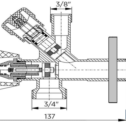 Válvula de Escuadra | Medidas: 1/2 x 3/4 x 3/8 | Modelo Combi | Fabricada en Latón CW617N | Rosca de Entrada a Gas