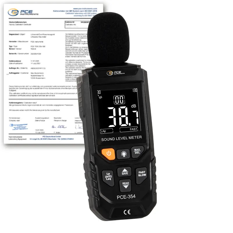 Medidor de nível sonoro integrado PCE-354-ICA com certificado de calibração incluído.