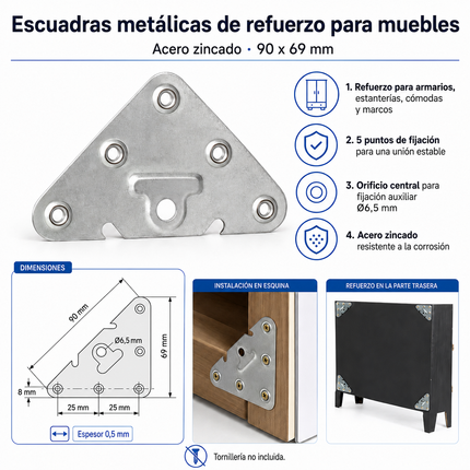 Medidas de placa escuadra metálica 90 x 69 mm con orificio Ø6,5 mm