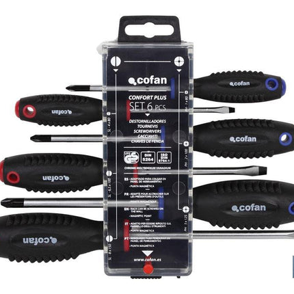 Juego de 3 destornilladores planos y 3 destornilladores Phillips | Modelo Comfort plus | En estuche especial con colgador