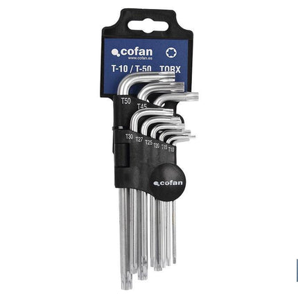 Juego de 9 llaves acodadas Torx | Versión larga | Contenido de medidas desde T-10 hasta T-50