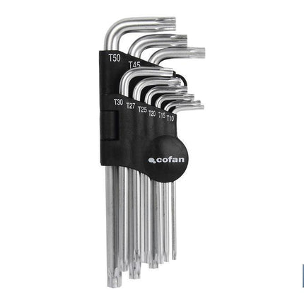 Juego de 9 llaves acodadas Torx | Versión larga | Contenido de medidas desde T-10 hasta T-50
