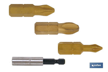 Kit de puntas de Titanio 1/4 PH para atornillar y adaptador | Contenido 3 puntas Phillips y un adaptador
