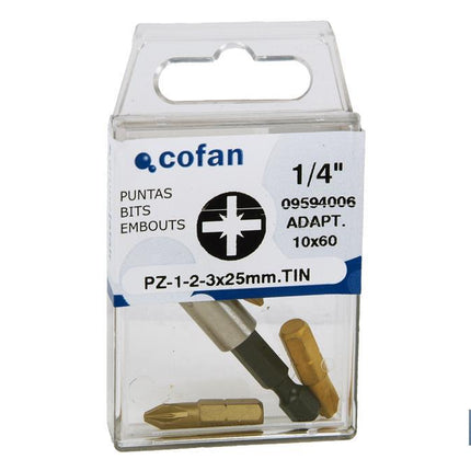 Kit de puntas de atornillar de Titanio 1/4 PZ y adaptador | Contenido 3 puntas Pozi drive y un adaptador
