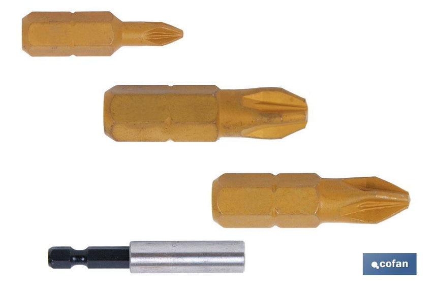 Kit de puntas de atornillar de Titanio 1/4 PZ y adaptador | Contenido 3 puntas Pozi drive y un adaptador
