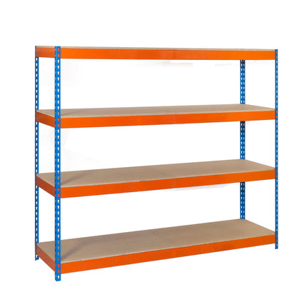 Estantería industrial Simonrack Simonforte fondo 450 mm, ancho 1500 mm Azul + Naranja + Madera 2000 x 1500 x 450 mm 4 estantes