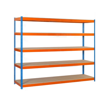 Estantería industrial Simonrack Simonforte fondo 600 mm, anchos 1200 y 1800 mm Azul + Naranja + Madera 2500 x 1200 x 600 mm 5 estantes
