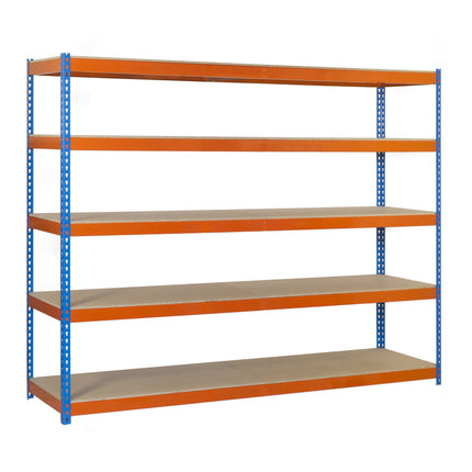 Estantería industrial Simonrack Simonforte fondo 450 mm, ancho 2100 mm Azul + Naranja + Madera 2000 x 2100 x 450 mm 5 estantes · 2104-5