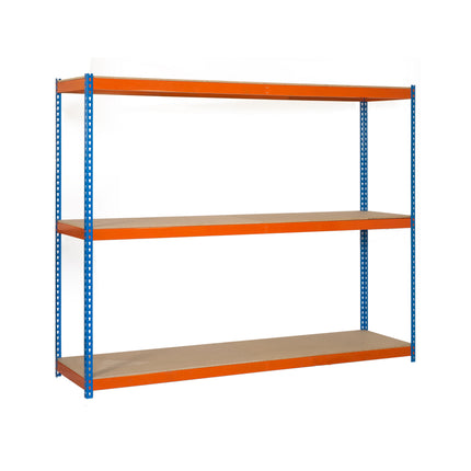 Estantería industrial Simonrack Simonforte fondo 450 mm, ancho 1500 mm Azul + Naranja + Madera 1500 x 1500 x 450 mm 3 estantes