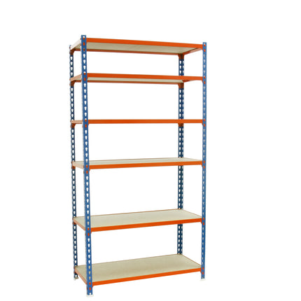 Estantería con baldas de madera Simonrack Maderclick Megaplus Azul + Naranja + Madera 2500 x 1200 x 500 mm · 6 estantes