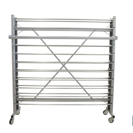 Expositor de hules y manteles horizontal | Material: metal y aluminio | Ruedas incluidas | Capacidad para 22 rollos | Medidas: 1,67 m de ancho x 1,55 m alto x 40 cm de profundidad