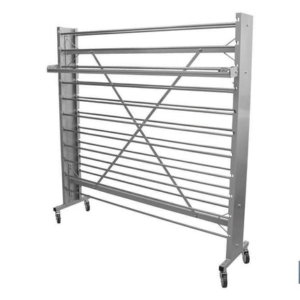 Expositor de hules y manteles horizontal | Material: metal y aluminio | Ruedas incluidas | Capacidad para 22 rollos | Medidas: 1,67 m de ancho x 1,55 m alto x 40 cm de profundidad