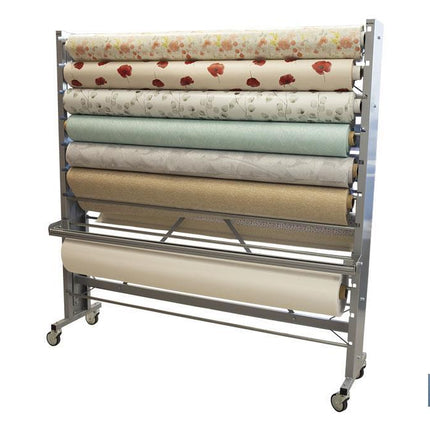 Expositor de hules y manteles horizontal | Material: metal y aluminio | Ruedas incluidas | Capacidad para 22 rollos | Medidas: 1,67 m de ancho x 1,55 m alto x 40 cm de profundidad