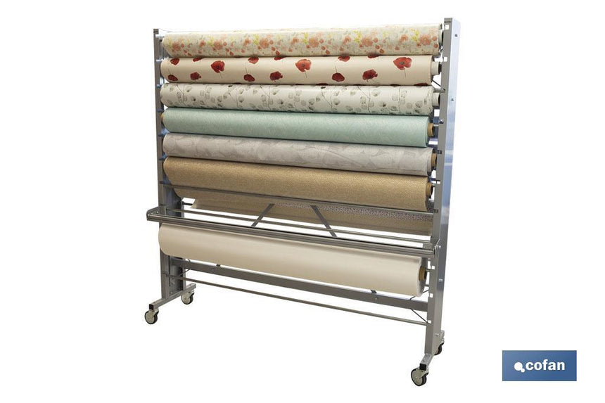 Expositor de hules y manteles horizontal | Material: metal y aluminio | Ruedas incluidas | Capacidad para 22 rollos | Medidas: 1,67 m de ancho x 1,55 m alto x 40 cm de profundidad