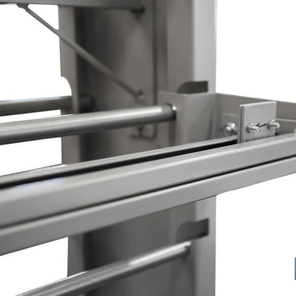 Expositor de hules y manteles horizontal | Material: metal y aluminio | Ruedas incluidas | Capacidad para 22 rollos | Medidas: 1,67 m de ancho x 1,55 m alto x 40 cm de profundidad