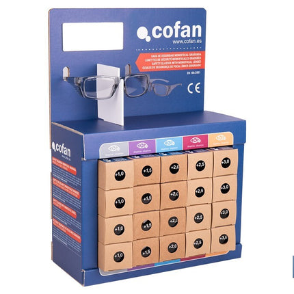 Expositor de gafas de seguridad | 20 gafas graduadas con diferentes dioptrías | Incluye 5 modelos | Medidas: 15 x 33 x 47 cm