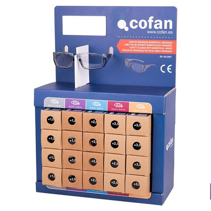 Expositor de gafas de seguridad | 20 gafas graduadas con diferentes dioptrías | Incluye 5 modelos | Medidas: 15 x 33 x 47 cm