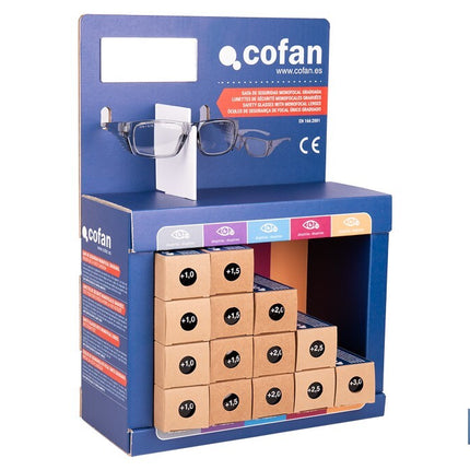 Expositor de gafas de seguridad | 20 gafas graduadas con diferentes dioptrías | Incluye 5 modelos | Medidas: 15 x 33 x 47 cm