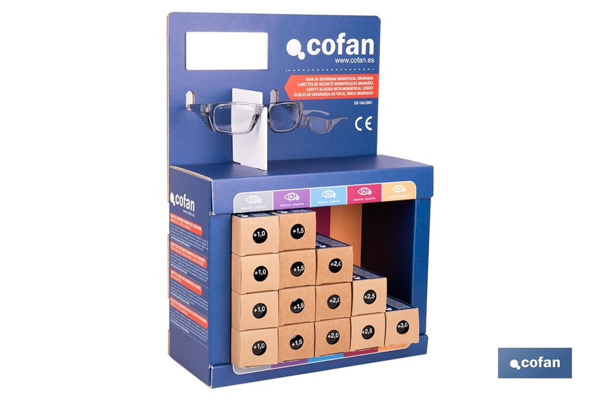 Expositor de gafas de seguridad | 20 gafas graduadas con diferentes dioptrías | Incluye 5 modelos | Medidas: 15 x 33 x 47 cm