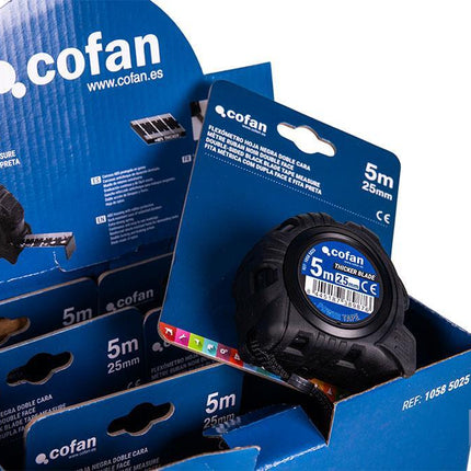 Expositor para flexómetros con hoja de nylon negra y doble cara de Cofan · Foto del fabricante