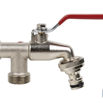 Grifo con maneta y doble salida | Medidas: 1/2 x 3/4 x 3/4 | Adecuado para manguera | PN: 25 bar
