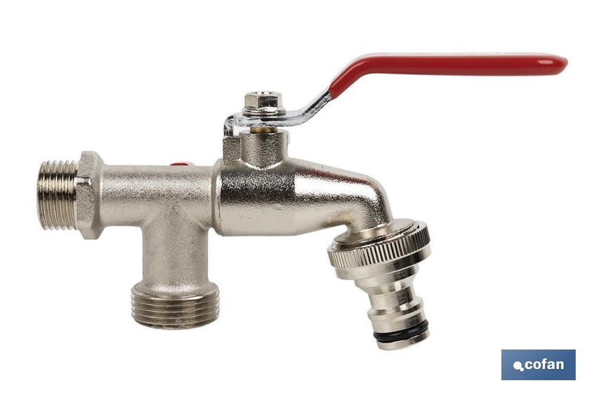 Grifo con maneta y doble salida | Medidas: 1/2 x 3/4 x 3/4 | Adecuado para manguera | PN: 25 bar