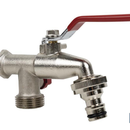 Grifo con maneta y doble salida | Medidas: 1/2 x 3/4 x 3/4 | Adecuado para manguera | PN: 25 bar