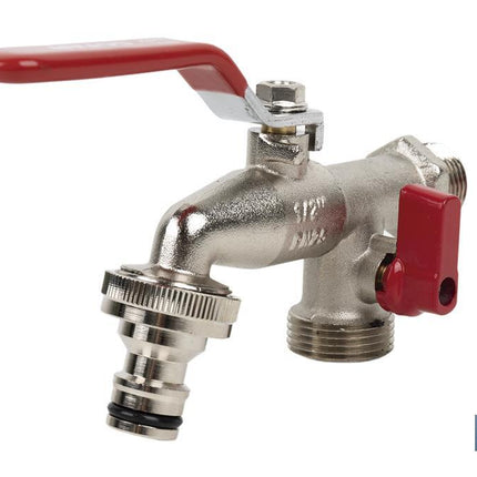 Grifo con maneta y doble salida | Medidas: 1/2 x 3/4 x 3/4 | Adecuado para manguera | PN: 25 bar