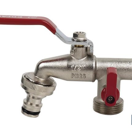 Grifo con maneta y doble salida | Medidas: 1/2 x 3/4 x 3/4 | Adecuado para manguera | PN: 25 bar