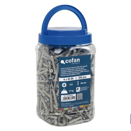 Pack de 500 Tacos de Golpe con Collarín Avelladado | Medidas: Ø6 mm x 40 mm