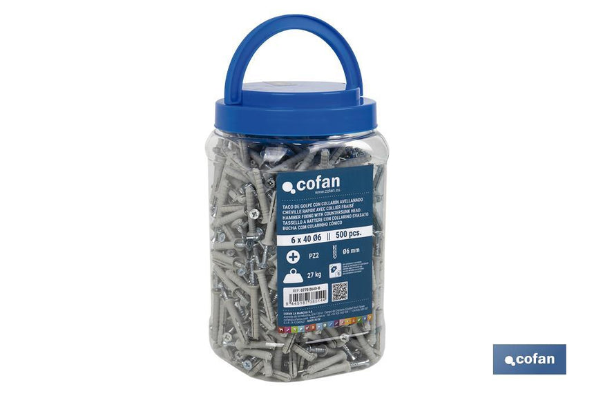 Pack de 500 Tacos de Golpe con Collarín Avelladado | Medidas: Ø6 mm x 40 mm