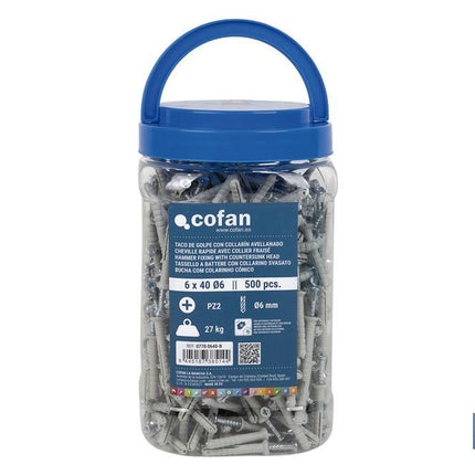 Pack de 500 Tacos de Golpe con Collarín Avelladado | Medidas: Ø6 mm x 40 mm