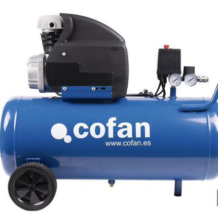 Compresor de aire de pistón coaxial | Motor de 2 HP | Compresor monofásico 230 V | Presión máxima: 8 bares | Depósito de 50 litros | Medidas: 77 x 43 x 66 cm