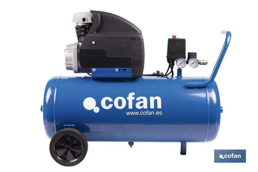 Compresor de aire de pistón coaxial | Motor de 2 HP | Compresor monofásico 230 V | Presión máxima: 8 bares | Depósito de 50 litros | Medidas: 77 x 43 x 66 cm