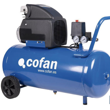 Compresor de aire de pistón coaxial | Motor de 2 HP | Compresor monofásico 230 V | Presión máxima: 8 bares | Depósito de 50 litros | Medidas: 77 x 43 x 66 cm