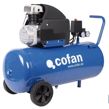 Compresor de aire de pistón coaxial | Motor de 2 HP | Compresor monofásico 230 V | Presión máxima: 8 bares | Depósito de 50 litros | Medidas: 77 x 43 x 66 cm