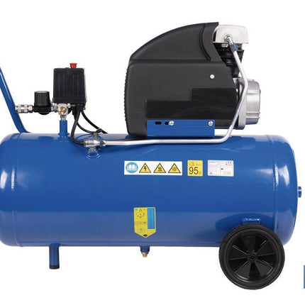 Compresor de aire de pistón coaxial | Motor de 2 HP | Compresor monofásico 230 V | Presión máxima: 8 bares | Depósito de 50 litros | Medidas: 77 x 43 x 66 cm