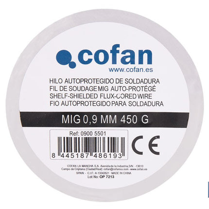 Hilo autoprotegido para soldadura MIG | Alambre de 0,9 mm en bobina de 0,45 kg | Compatible con soldador inverter Cofan