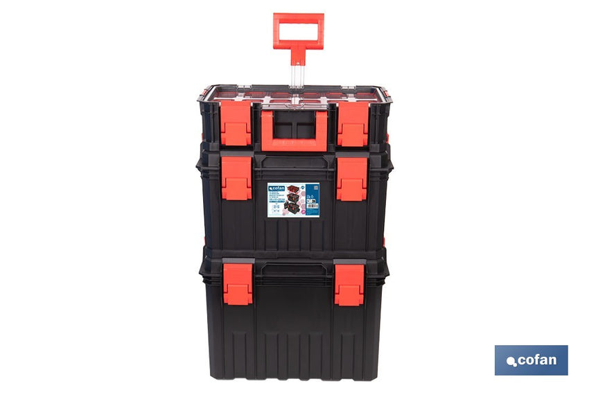 Set modular con 3 cajas de herramientas | Con ruedas, asa telescópica, módulos apilables | Medidas: 53 x 35,5 x 82,5 cm