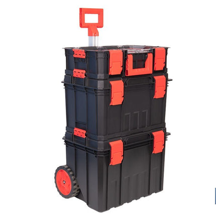 Set modular con 3 cajas de herramientas | Con ruedas, asa telescópica, módulos apilables | Medidas: 53 x 35,5 x 82,5 cm