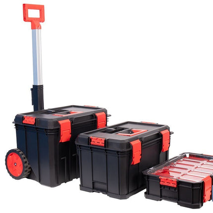 Set modular con 3 cajas de herramientas | Con ruedas, asa telescópica, módulos apilables | Medidas: 53 x 35,5 x 82,5 cm