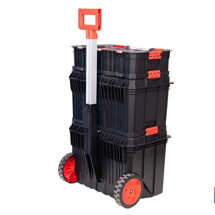 Set modular con 3 cajas de herramientas | Con ruedas, asa telescópica, módulos apilables | Medidas: 53 x 35,5 x 82,5 cm