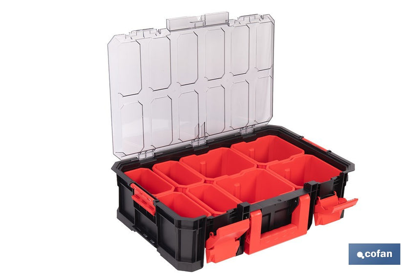 Caja de herramientas modular con organizadores | Tapa de policarbonato | Incluye 8 compartimentos | Capacidad de carga: 20 kg | Compatible con set modular | Medidas: 51,7 x 33,1 x 13,4 cm