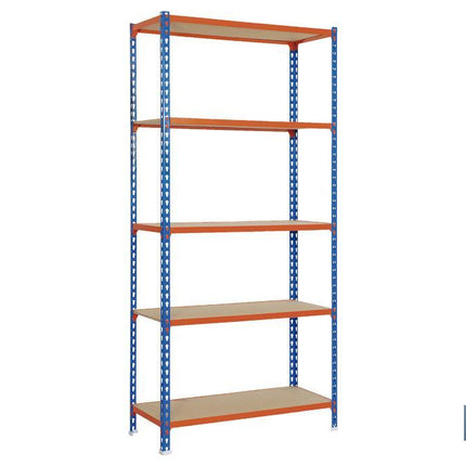 Estantería de acero | Color azul y naranja | Disponible con 5 baldas de madera | Medidas: 200 x 100 x 50 cm