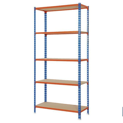 Estantería de acero | Color azul y naranja | Disponible con 5 baldas de madera | Medidas: 200 x 100 x 50 cm