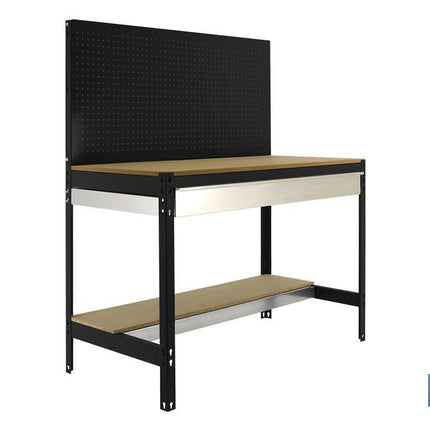 Banco de trabajo | Incluye panel perforado, 2 estantes de madera y 1 cajón | Disponible en color antracita | Medidas: 1445 x 1210 x 610 mm