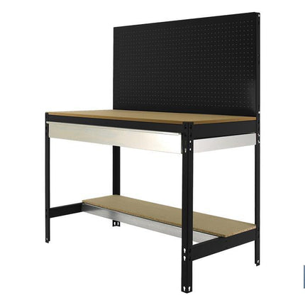 Banco de trabajo | Incluye panel perforado, 2 estantes de madera y 1 cajón | Disponible en color antracita | Medidas: 1445 x 1210 x 610 mm