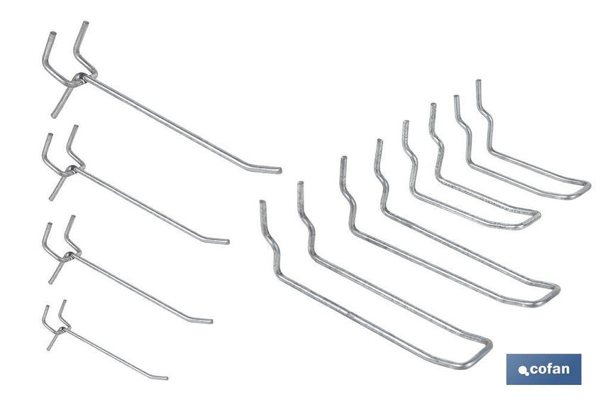 Set de 8 ganchos dobles | Adecuado para panel de herramientas perforado | Material: acero zincado