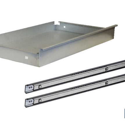 Cajón de acero galvanizado | Adecuado para bancos de trabajo | Incluye guías telescópicas | Medidas: 11 x 107,5 x 59 cm